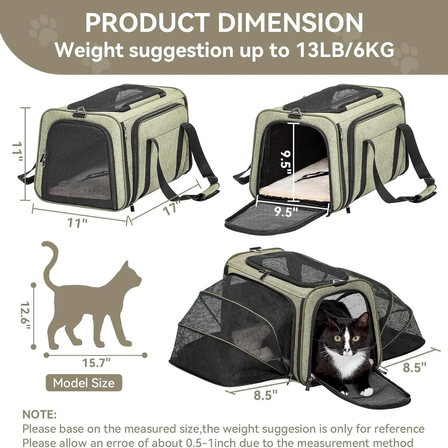 Petsfit Expandable Soft-Sided Pet Carrier for Small Cats and Dogs (Up to 9 lbs) - Airline Approved, Portable, Washable with Two Extensions and Zipper Closure for Travel