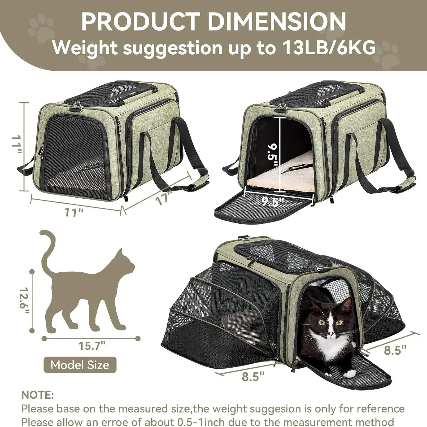 Petsfit Expandable Soft-Sided Pet Carrier for Small Cats and Dogs (Up to 9 lbs) - Airline Approved, Portable, Washable with Two Extensions and Zipper Closure for Travel