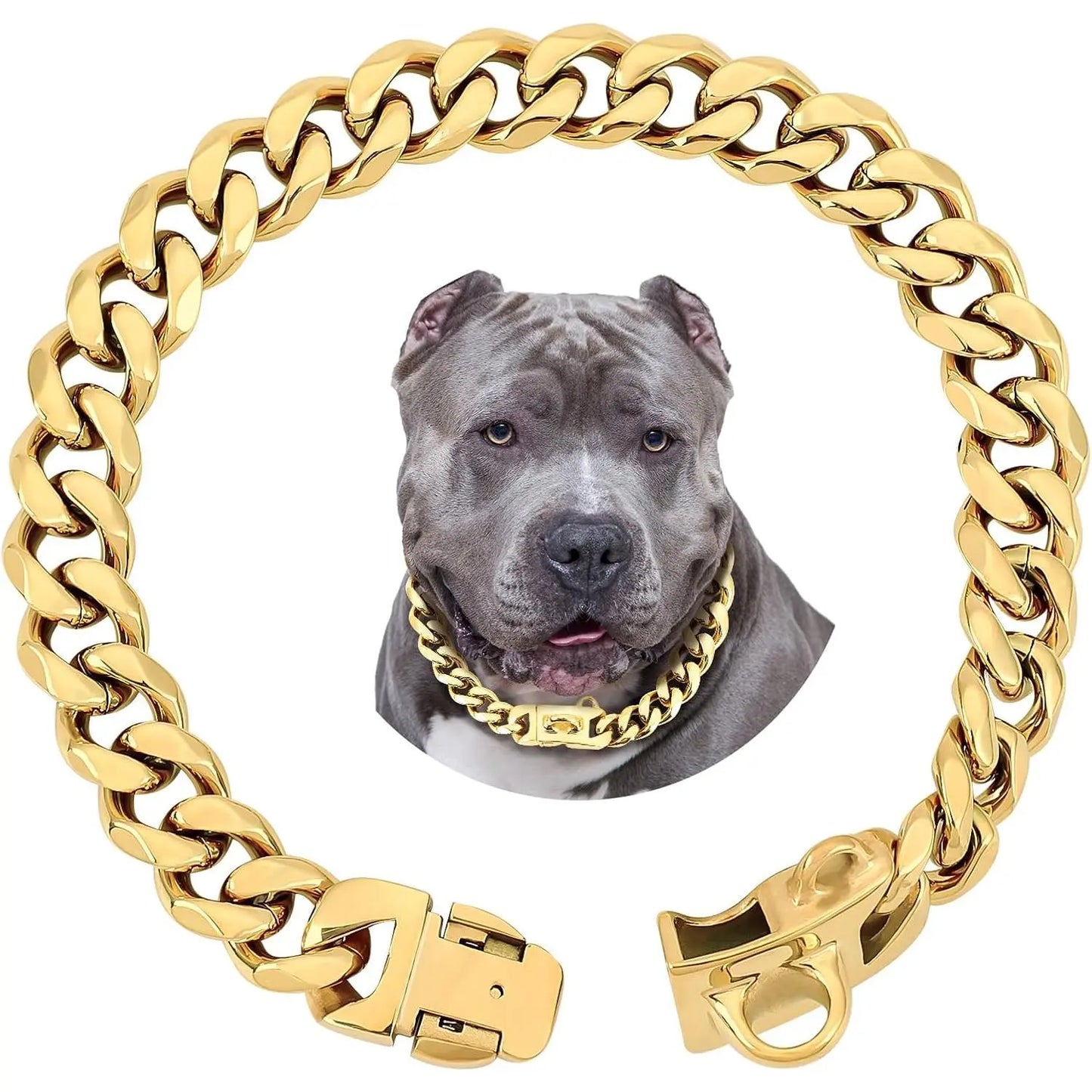 15MM Gold Stainless Steel Cuban Link Dog Collar, Heavy-Duty Chew-Proof Training Collar for Dogs (20" Gold)
