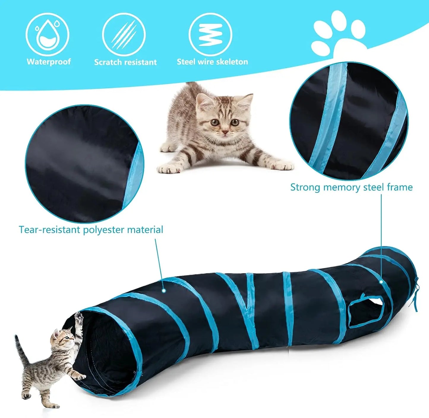 Foldable S-Curve Cat Tunnel Toy for Indoor Cats, Multi-Entry Design with Peek Holes and Play Ball Exit, Durable Scratch-Resistant Polyester Fabric, Space-Saving and Universal Fit (Blue & Black)