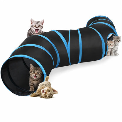 Foldable S-Curve Cat Tunnel Toy for Indoor Cats, Multi-Entry Design with Peek Holes and Play Ball Exit, Durable Scratch-Resistant Polyester Fabric, Space-Saving and Universal Fit (Blue & Black)