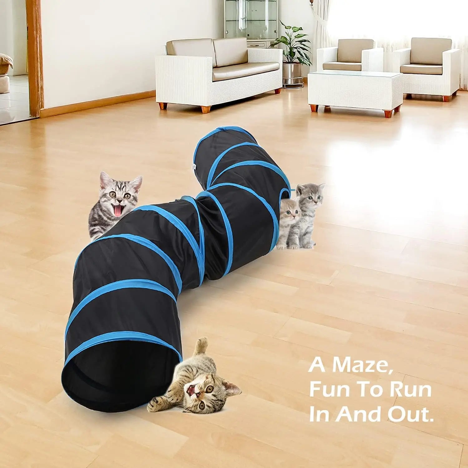 Foldable S-Curve Cat Tunnel Toy for Indoor Cats, Multi-Entry Design with Peek Holes and Play Ball Exit, Durable Scratch-Resistant Polyester Fabric, Space-Saving and Universal Fit (Blue & Black)