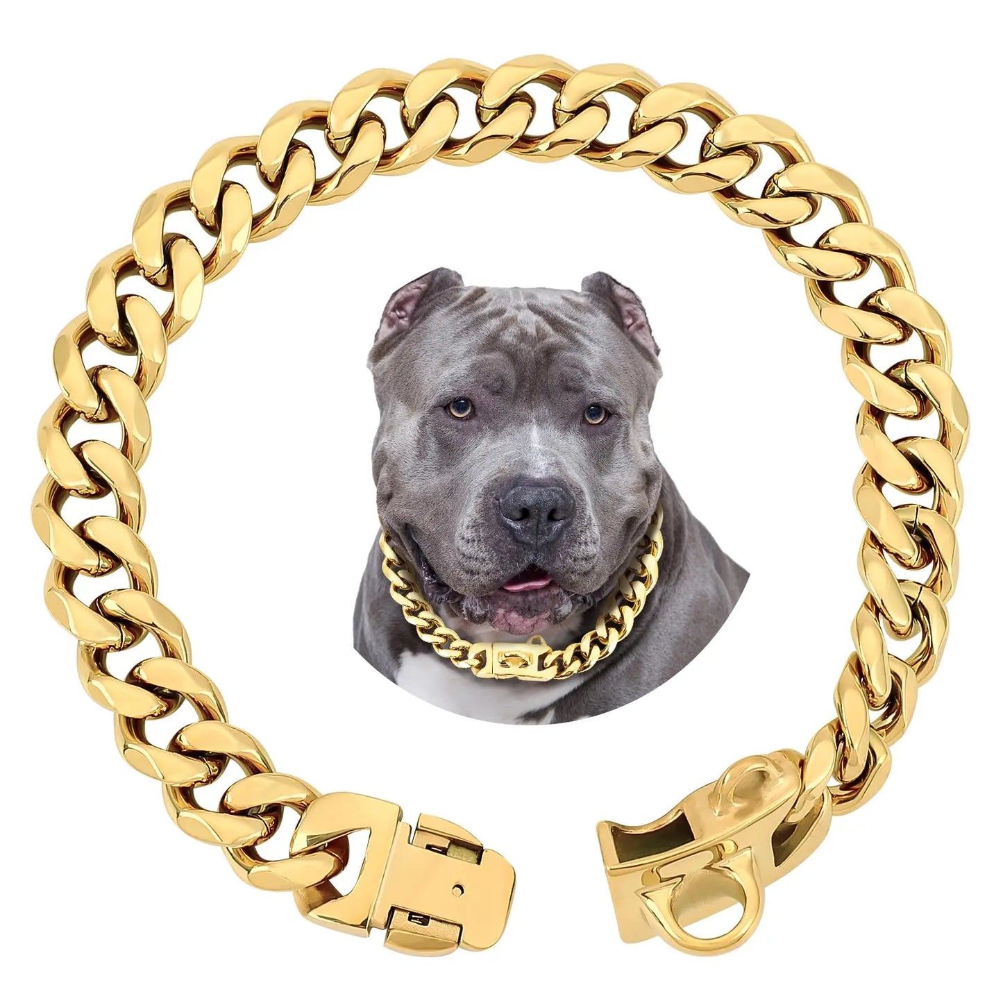 15MM Gold Stainless Steel Cuban Link Dog Collar, Heavy-Duty Chew-Proof Training Collar for Dogs (20" Gold)