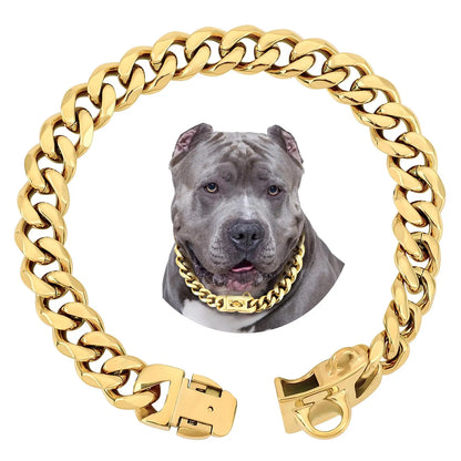 15MM Gold Stainless Steel Cuban Link Dog Collar, Heavy-Duty Chew-Proof Training Collar for Dogs (20" Gold)