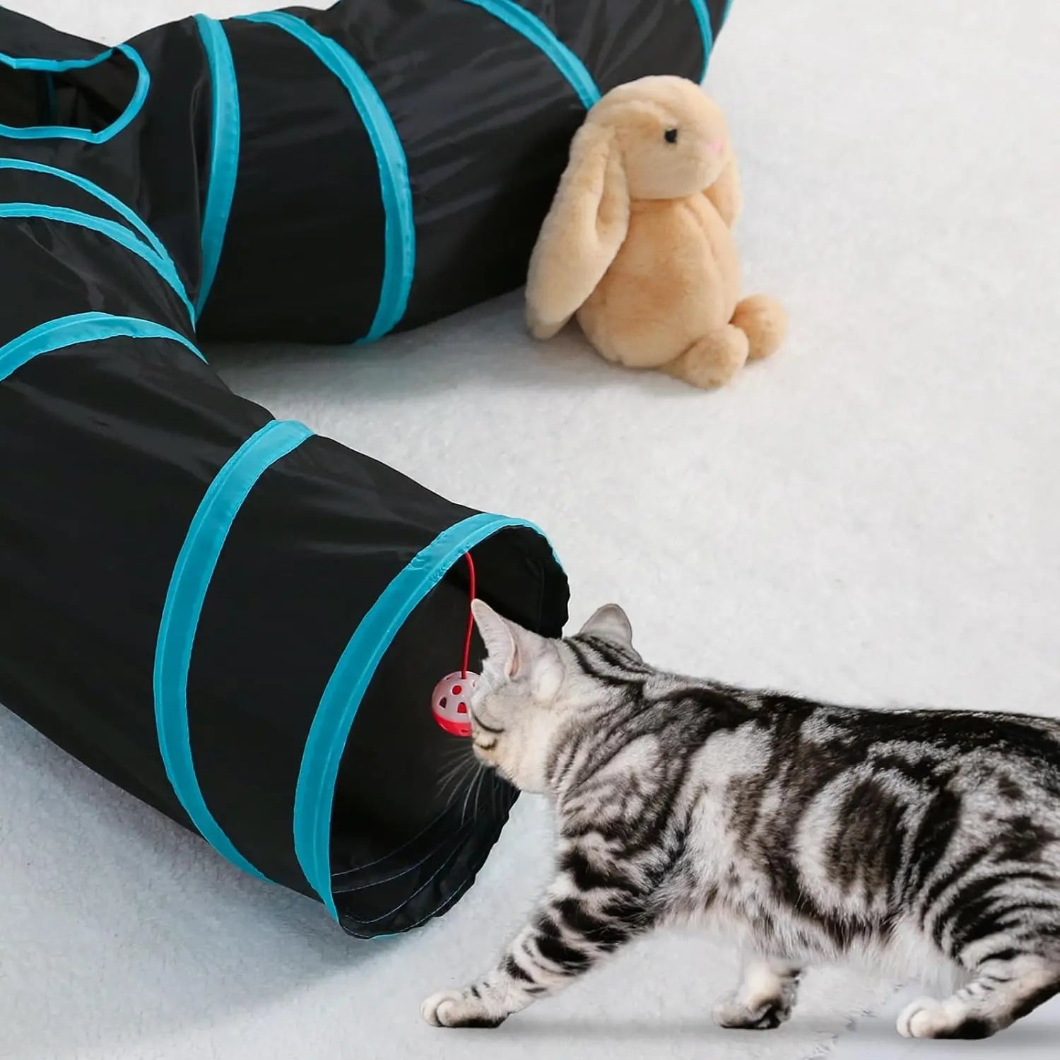 Foldable S-Curve Cat Tunnel Toy for Indoor Cats, Multi-Entry Design with Peek Holes and Play Ball Exit, Durable Scratch-Resistant Polyester Fabric, Space-Saving and Universal Fit (Blue & Black)