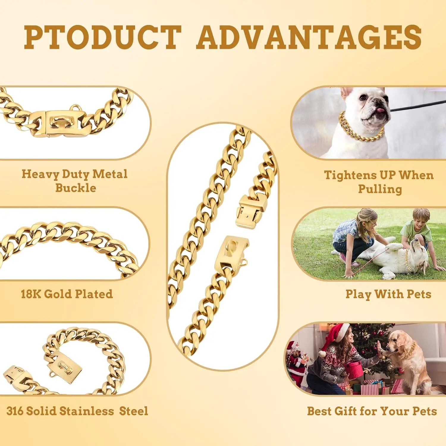 15MM Gold Stainless Steel Cuban Link Dog Collar, Heavy-Duty Chew-Proof Training Collar for Dogs (20" Gold)