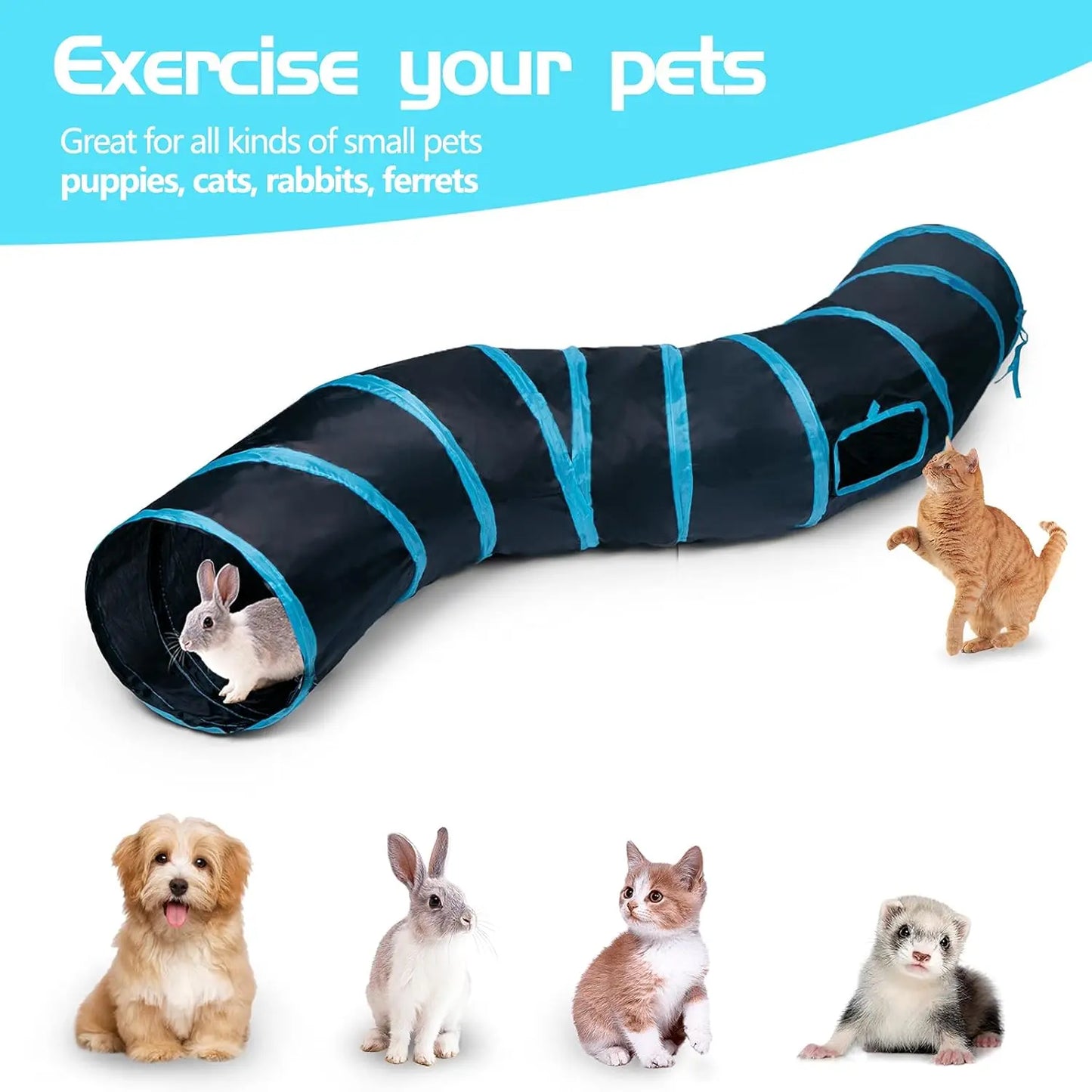 Foldable S-Curve Cat Tunnel Toy for Indoor Cats, Multi-Entry Design with Peek Holes and Play Ball Exit, Durable Scratch-Resistant Polyester Fabric, Space-Saving and Universal Fit (Blue & Black)