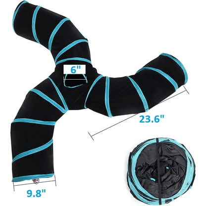Foldable S-Curve Cat Tunnel Toy for Indoor Cats, Multi-Entry Design with Peek Holes and Play Ball Exit, Durable Scratch-Resistant Polyester Fabric, Space-Saving and Universal Fit (Blue & Black)