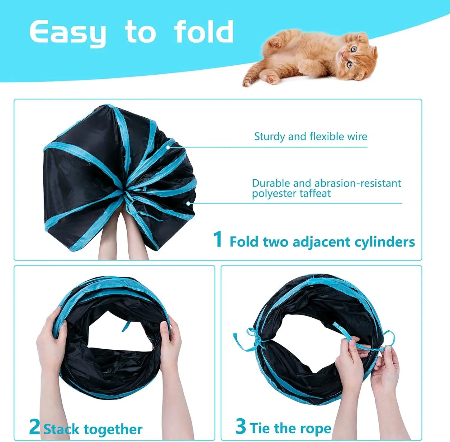 Foldable S-Curve Cat Tunnel Toy for Indoor Cats, Multi-Entry Design with Peek Holes and Play Ball Exit, Durable Scratch-Resistant Polyester Fabric, Space-Saving and Universal Fit (Blue & Black)