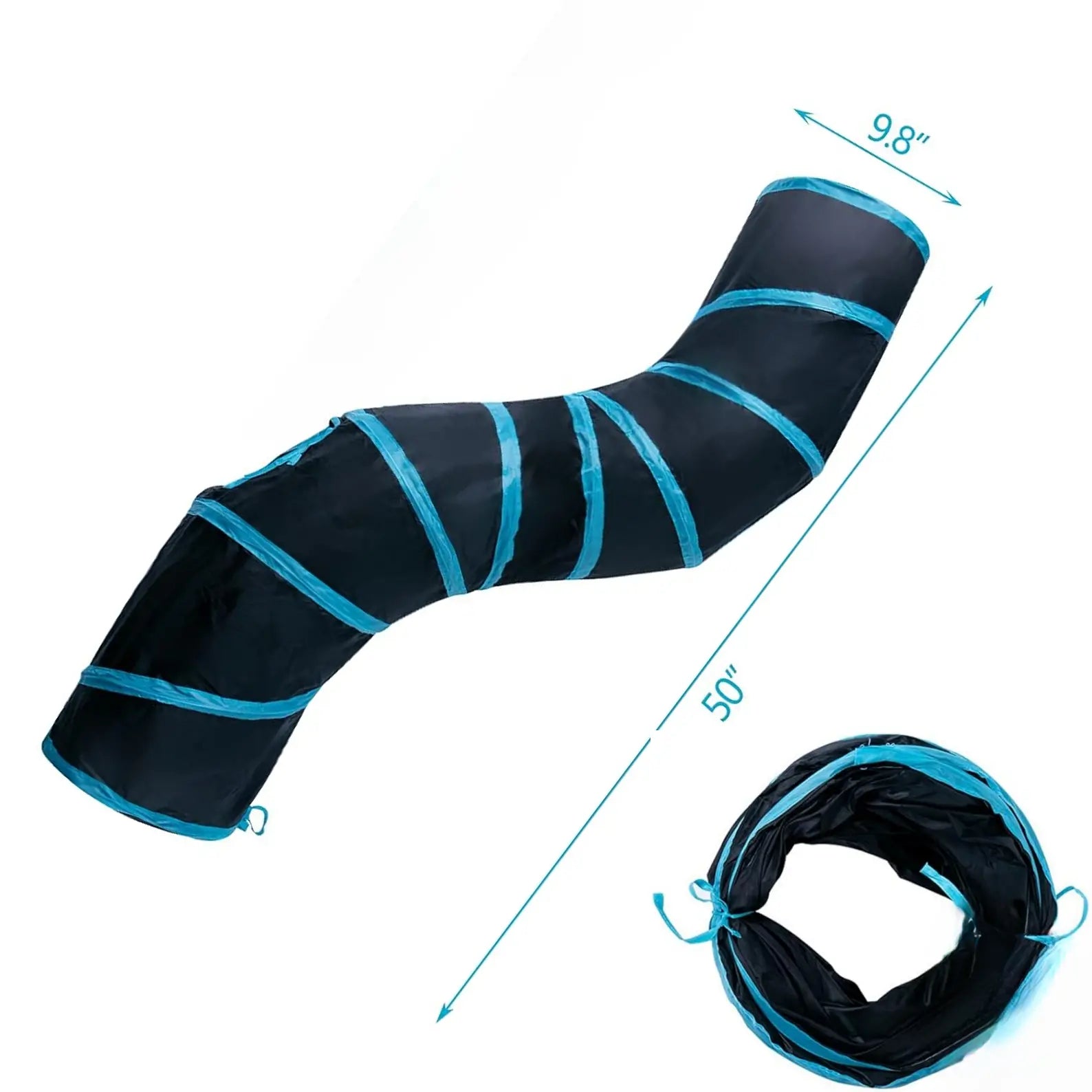 Foldable S-Curve Cat Tunnel Toy for Indoor Cats, Multi-Entry Design with Peek Holes and Play Ball Exit, Durable Scratch-Resistant Polyester Fabric, Space-Saving and Universal Fit (Blue & Black)