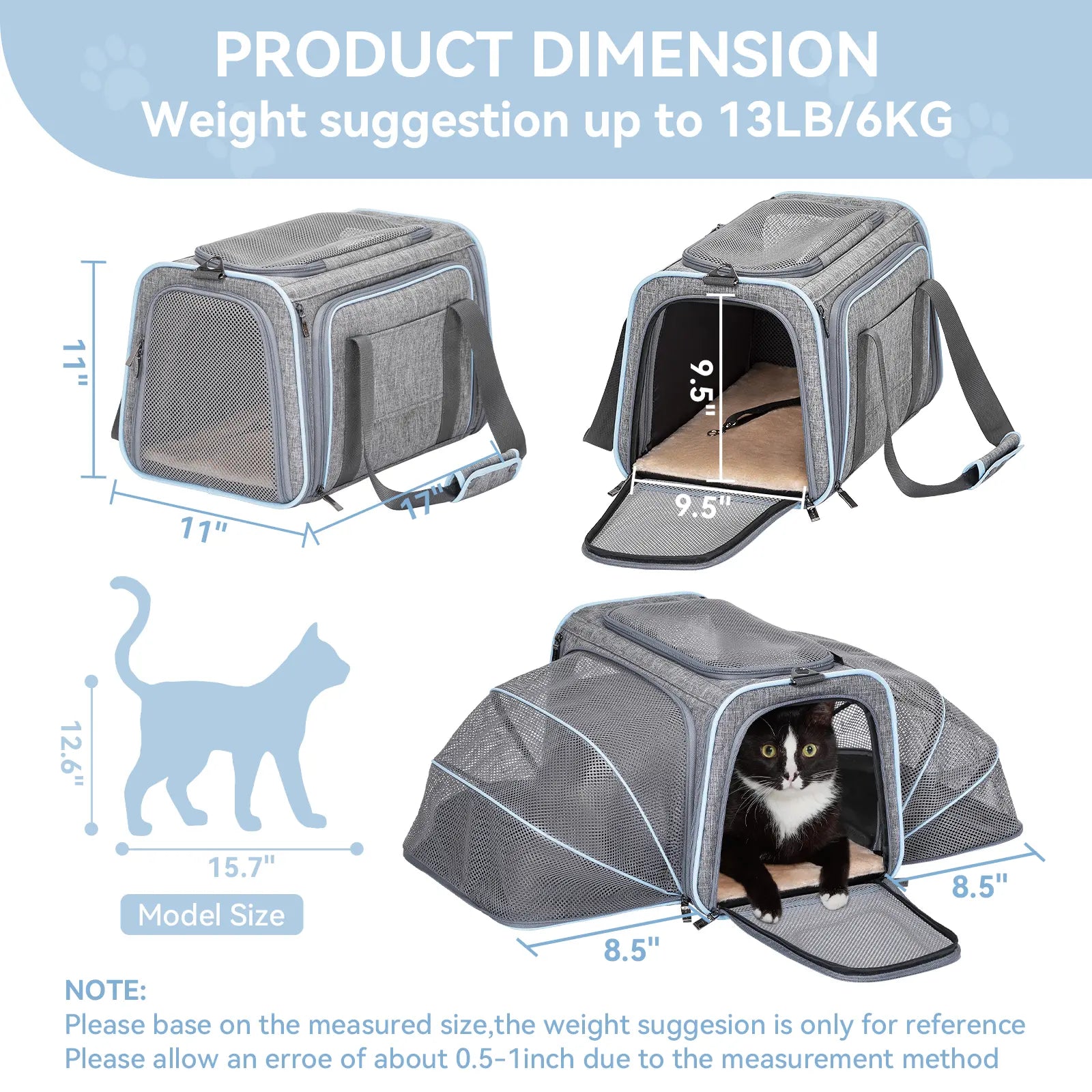 Petsfit Expandable Soft-Sided Pet Carrier for Small Cats and Dogs (Up to 9 lbs) - Airline Approved, Portable, Washable with Two Extensions and Zipper Closure for Travel