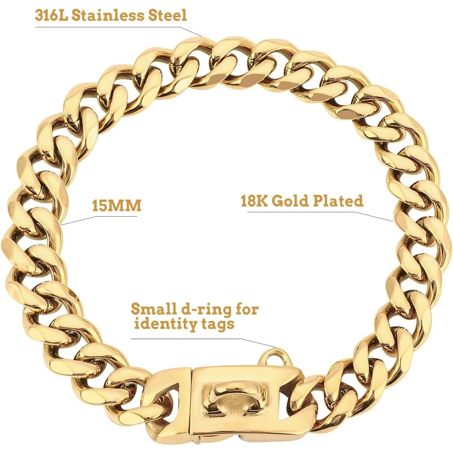 15MM Gold Stainless Steel Cuban Link Dog Collar, Heavy-Duty Chew-Proof Training Collar for Dogs (20" Gold)