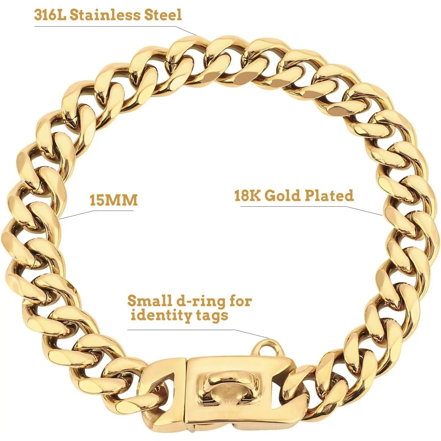 15MM Gold Stainless Steel Cuban Link Dog Collar, Heavy-Duty Chew-Proof Training Collar for Dogs (20" Gold)