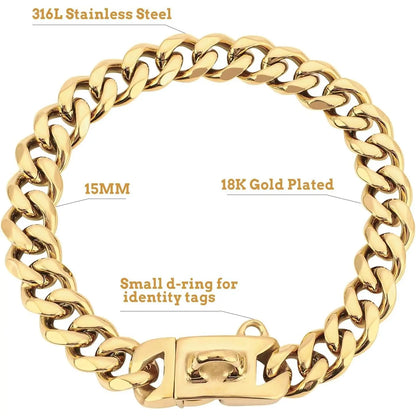 15MM Gold Stainless Steel Cuban Link Dog Collar, Heavy-Duty Chew-Proof Training Collar for Dogs (20" Gold)