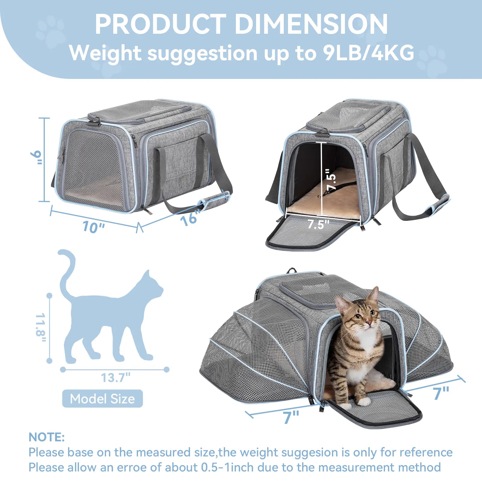Petsfit Expandable Soft-Sided Pet Carrier for Small Cats and Dogs (Up to 9 lbs) - Airline Approved, Portable, Washable with Two Extensions and Zipper Closure for Travel