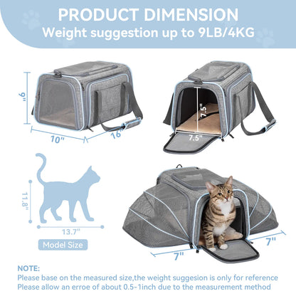 Petsfit Expandable Soft-Sided Pet Carrier for Small Cats and Dogs (Up to 9 lbs) - Airline Approved, Portable, Washable with Two Extensions and Zipper Closure for Travel