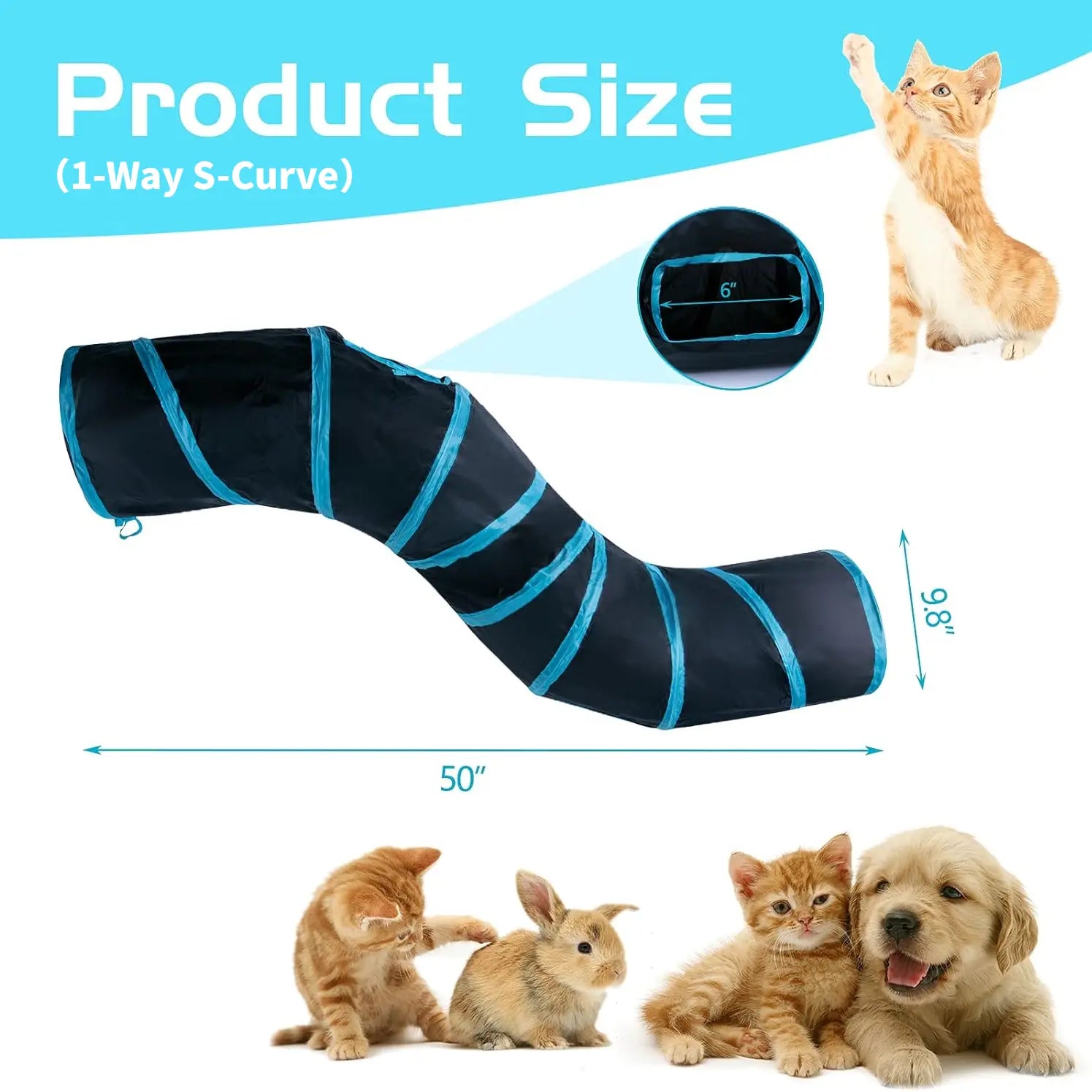 Foldable S-Curve Cat Tunnel Toy for Indoor Cats, Multi-Entry Design with Peek Holes and Play Ball Exit, Durable Scratch-Resistant Polyester Fabric, Space-Saving and Universal Fit (Blue & Black)