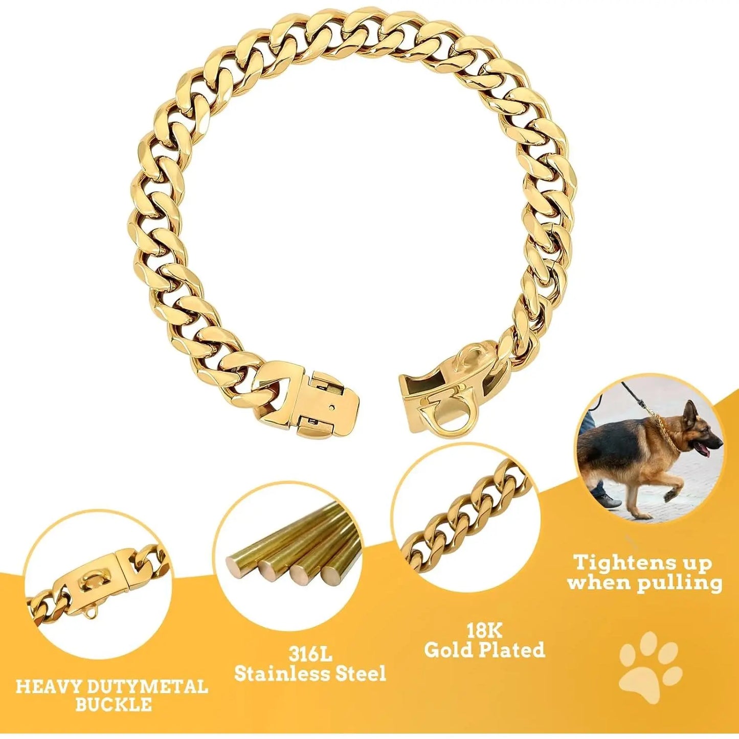 15MM Gold Stainless Steel Cuban Link Dog Collar, Heavy-Duty Chew-Proof Training Collar for Dogs (20" Gold)