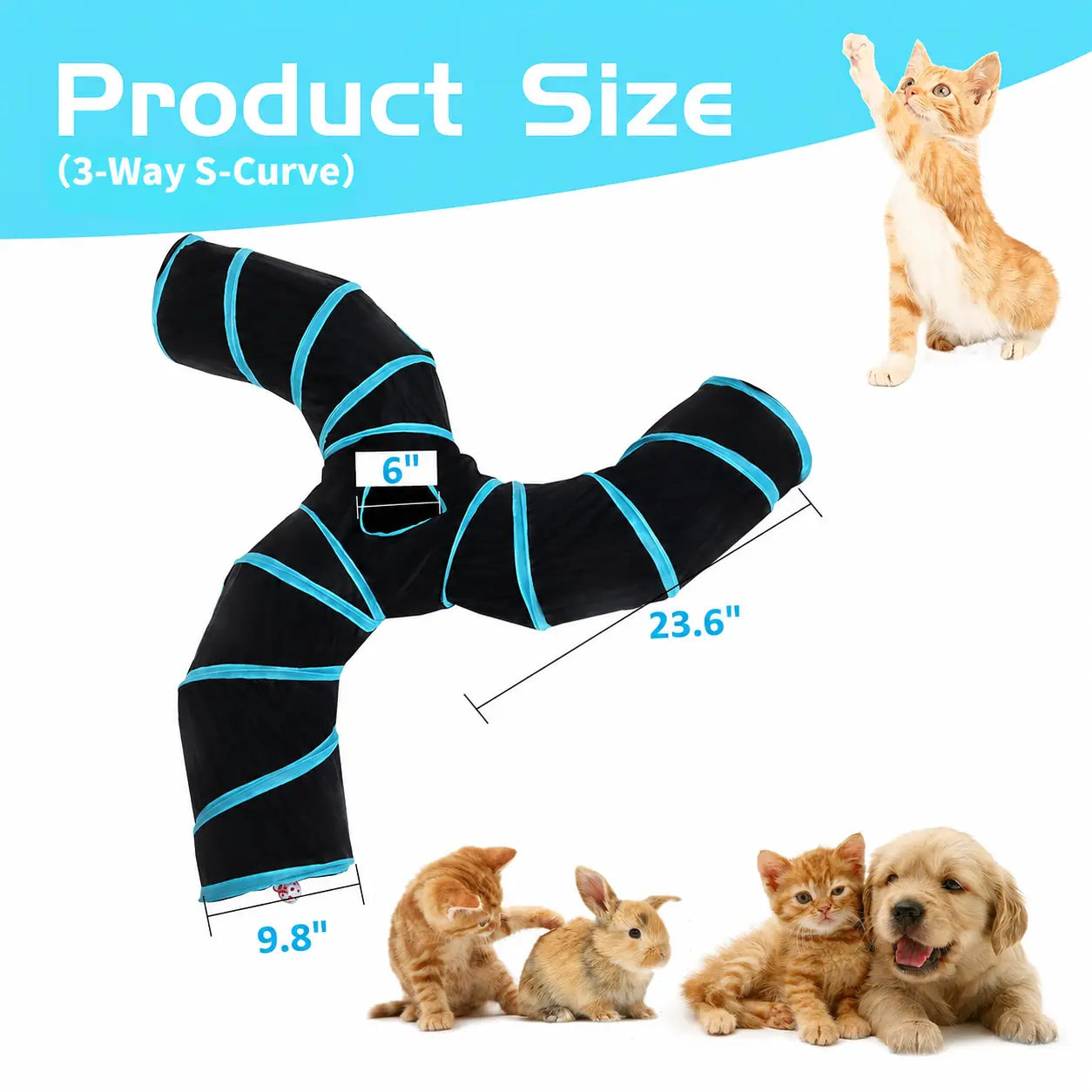 Foldable S-Curve Cat Tunnel Toy for Indoor Cats, Multi-Entry Design with Peek Holes and Play Ball Exit, Durable Scratch-Resistant Polyester Fabric, Space-Saving and Universal Fit (Blue & Black)