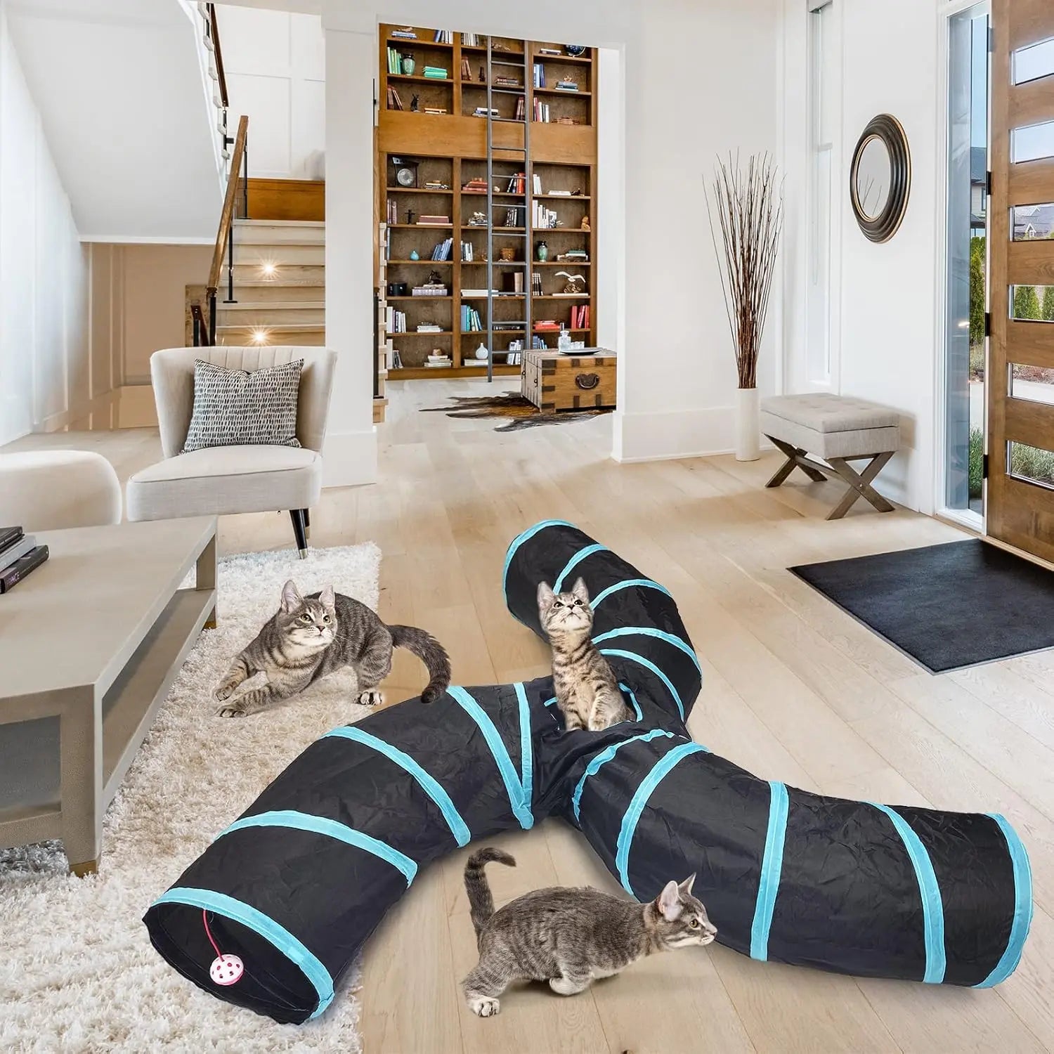Foldable S-Curve Cat Tunnel Toy for Indoor Cats, Multi-Entry Design with Peek Holes and Play Ball Exit, Durable Scratch-Resistant Polyester Fabric, Space-Saving and Universal Fit (Blue & Black)